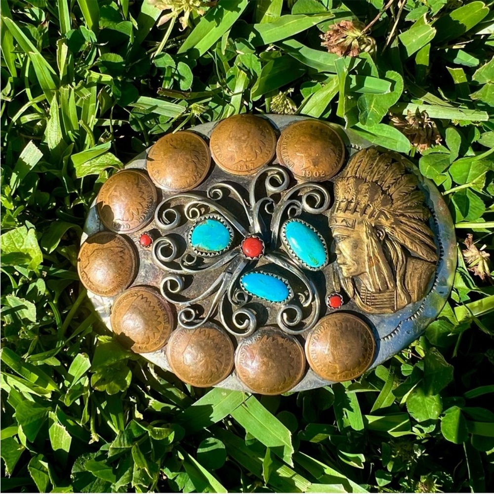 Vintage Western Belt Buckle with Turquoise and Red Accents